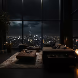 a couch and table sitting by a window overlooking a city