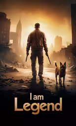 man walking with gun and dog in city at night