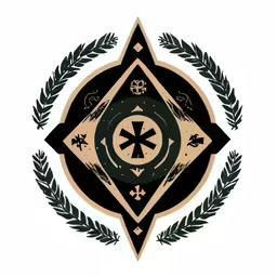 a stylized circular, ornate design with leaves in the middle