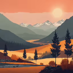 some hills trees and a sunset and orange sky,the sun is setting over a grassy field