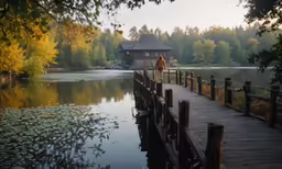 a man standing on a dock watching trees grow around him
