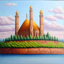 a painting of a painting on the side of a building,an artistic painting with a tower by the water