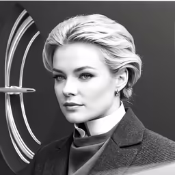 a woman standing with a futuristic sculpture behind her