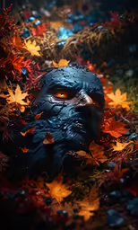 the face of an individual is covered with leaves
