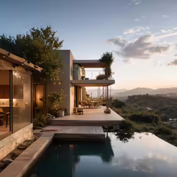 there is a glass wall overlooking a house with pool
