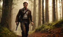 a man wearing leather jacket carrying a gun in forest,a man walking down a trail with a gun