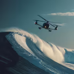 the helicopter is flying above the ocean wave