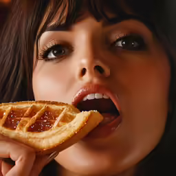 a woman holding a piece of waffle to her mouth