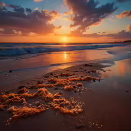 a sunset over the ocean with waves hitting a beach area