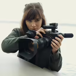 a woman holding a camera with a video attached