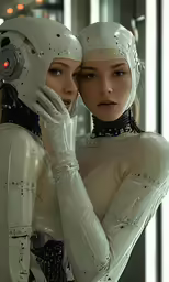 two young women dressed in white pose for a photo