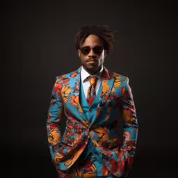 a man wearing a brightly colored suit with floral prints,a man with dark glasses, in colorful suit and tie