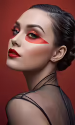 a woman with bright red eye makeup on her face