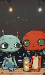 two cartoon characters are sitting at the table