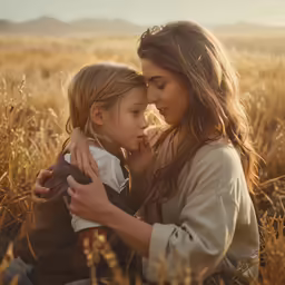 a young woman and child in the middle of an open field
