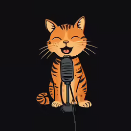 a cat sitting down next to a microphone on a black background