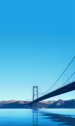 the suspension bridge stretches over the calm water near mountain range