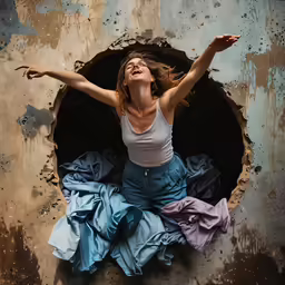 the woman is laying down with her arms outstretched