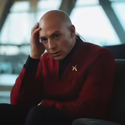man with bald head sitting in chair looking away