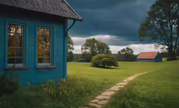 a small blue house sits in the background as storm clouds roll by