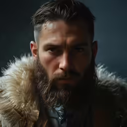 a man wearing a leather jacket looks to the side
