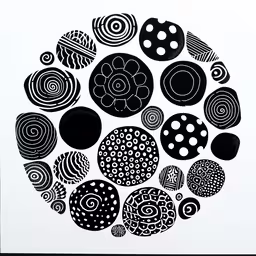 an image of a drawing that is of many shapes,a large group of black and white circles