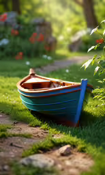 a small blue boat on grass beside flowers and trees,small blue boat sitting on the grass near some rocks
