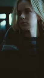 a woman in a black jacket staring at the camera