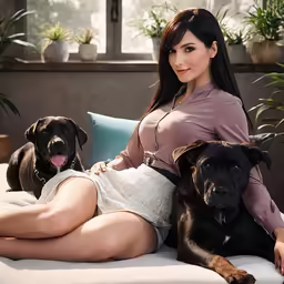 a woman sitting on a couch with two dogs