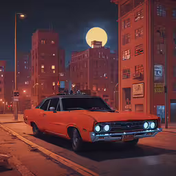 an orange car parked in the middle of a city at night,the image shows an old car parked on the side of a road