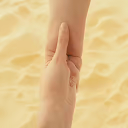 two people holding hands against each other on top of a sandy beach