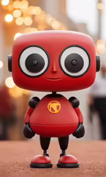 a red little robot with big eyes sits on a table