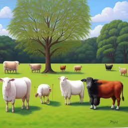 sheep and sheepdogs all grouped up on a pasture,an oil painting with several sheep and two lambs in a pasture