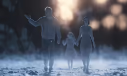 two people standing in the snow near some trees