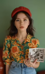 a girl with a hat and a cell phone