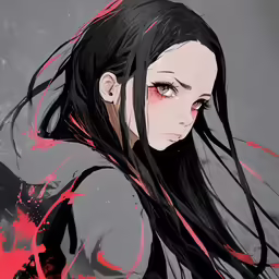 a girl with long hair wearing red blood