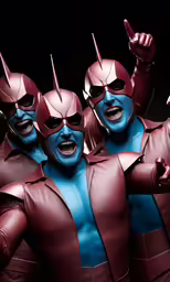 three men in red and blue masks holding their hands up