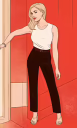 an illustration of a woman standing next to a doorway