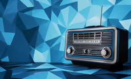 a blue radio sitting on top of a table