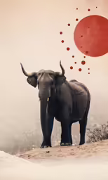 a large elephant standing on top of a sandy beach