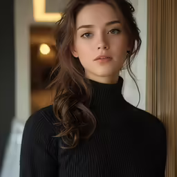 a beautiful young lady standing next to a doorway