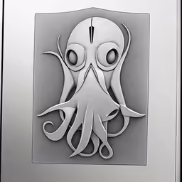 a white and silver square sculpture with an octopus design on it