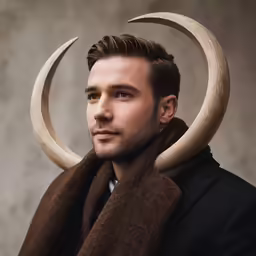 a man in a black suit and scarf with large horns on his head