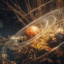 a bowl of oranges and dry leaves sit on the ground