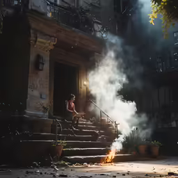 woman sitting on stairs outside a doorway at night with the light on