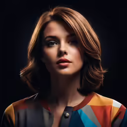 an attractive woman wearing a colorful shirt and posing for a portrait