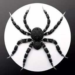 a large black spider sitting on top of a white plate