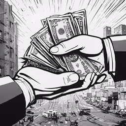 the hand holding money has been drawn by hand,a drawing of a hand holding money on top of a city