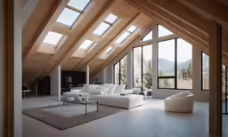 there is a living room with vaulted ceilings