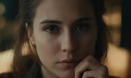 a young girl is looking into the camera
